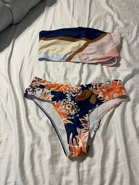 Floral Navy & Orange Bikini Set - Bandeau Top